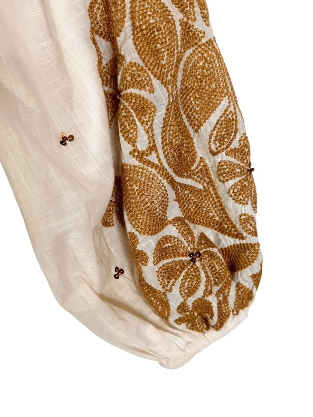Anthropologie Cotton Embroidered Smocked Peasant Top Blouse Cream Brown Size XS